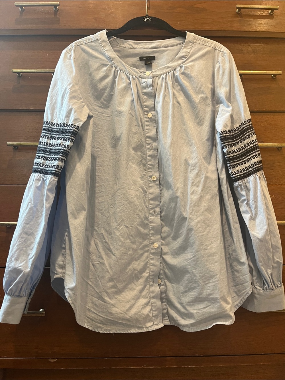 Ann Taylor Pale Blue Button-Down Blouse with Navy Sleeve Embroidery